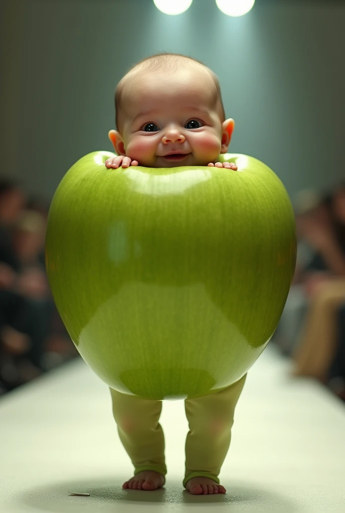 Excessive detail of a green apple with a cute smiling  head on top and legs underneath in a real life fashion show.