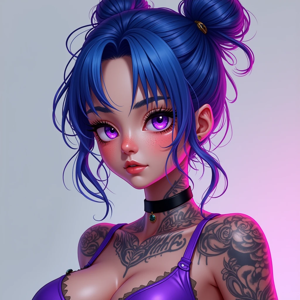 score_9,score_8_up,score_7_up, 1girl, 24yo, blue hair Gradient purple , medium hair, messy updo, purple eyes, freckles. Sleeveless, , fishnets, medium round breast, perky breast, deep cleavage, full breast tattoo, neck tattoo, purple top, BLACKED brand on top, high quality, zPDXL3, smudgy, liu2, kyuyongeom
