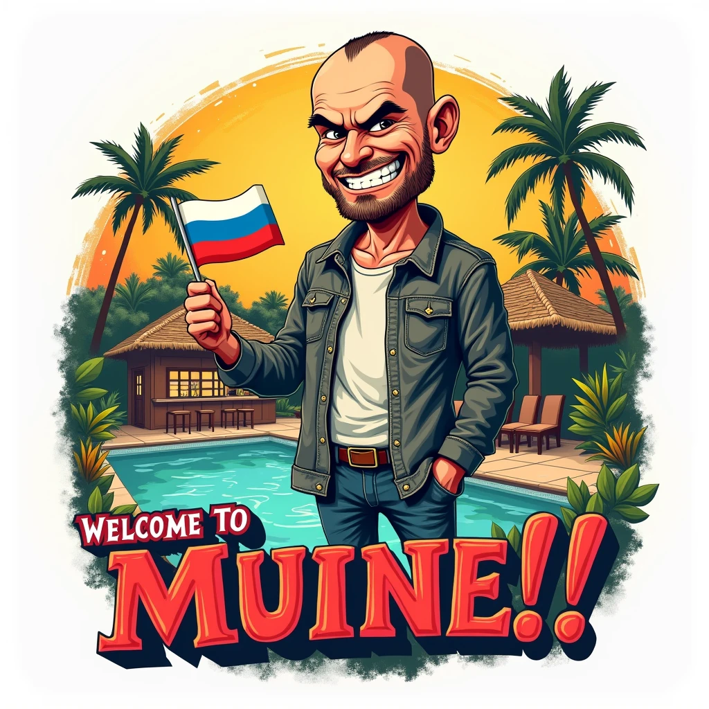 This design is a visually striking, surreal caricature that blends seamlessly into a white background, perfect for textile printing. The composition is characterized by distressed, grungy edges that add a touch of ruggedness to the overall aesthetic.

The artwork features a bold, eye-catching title "WELCOME to MUINE!!!" in propaganda style, which immediately grabs the viewer's attention. The title is placed prominently in front of the composition, setting the tone for the rest of the design.

At the center of the design is a close-up of a man with a shaved head and a mischievous aura. He's dressed in a worn, grey jacket and faded jeans, which adds to his laid-back, carefree vibe. However, his scowling expression and sly, smug smile suggest that there's more to him than meets the eye. He's clutching a miniature Russian flag in his hand, which adds a touch of irony and sarcasm to the design.

The man is standing in front of a small, tropical bar in Vietnam, surrounded by a sun-drenched swimming pool. The tropical setting is characterized by vibrant hues of green, brown, and yellow, which mingle with tropical shades of orange, pink, and turquoise. The color palette is inspired by Eastern fusion and pop art, which adds to the design's playful, tongue-in-cheek feel.

The overall effect of the design is a rich, saturated color palette that pops against fabric. The distressed, grungy edges and bold, eye-catching elements make it perfect for textile printing. The design exudes a playful, whimsical atmosphere, with a touch of sarcasm and irony. It's a truly unique and eye-catching design that's sure to turn heads.