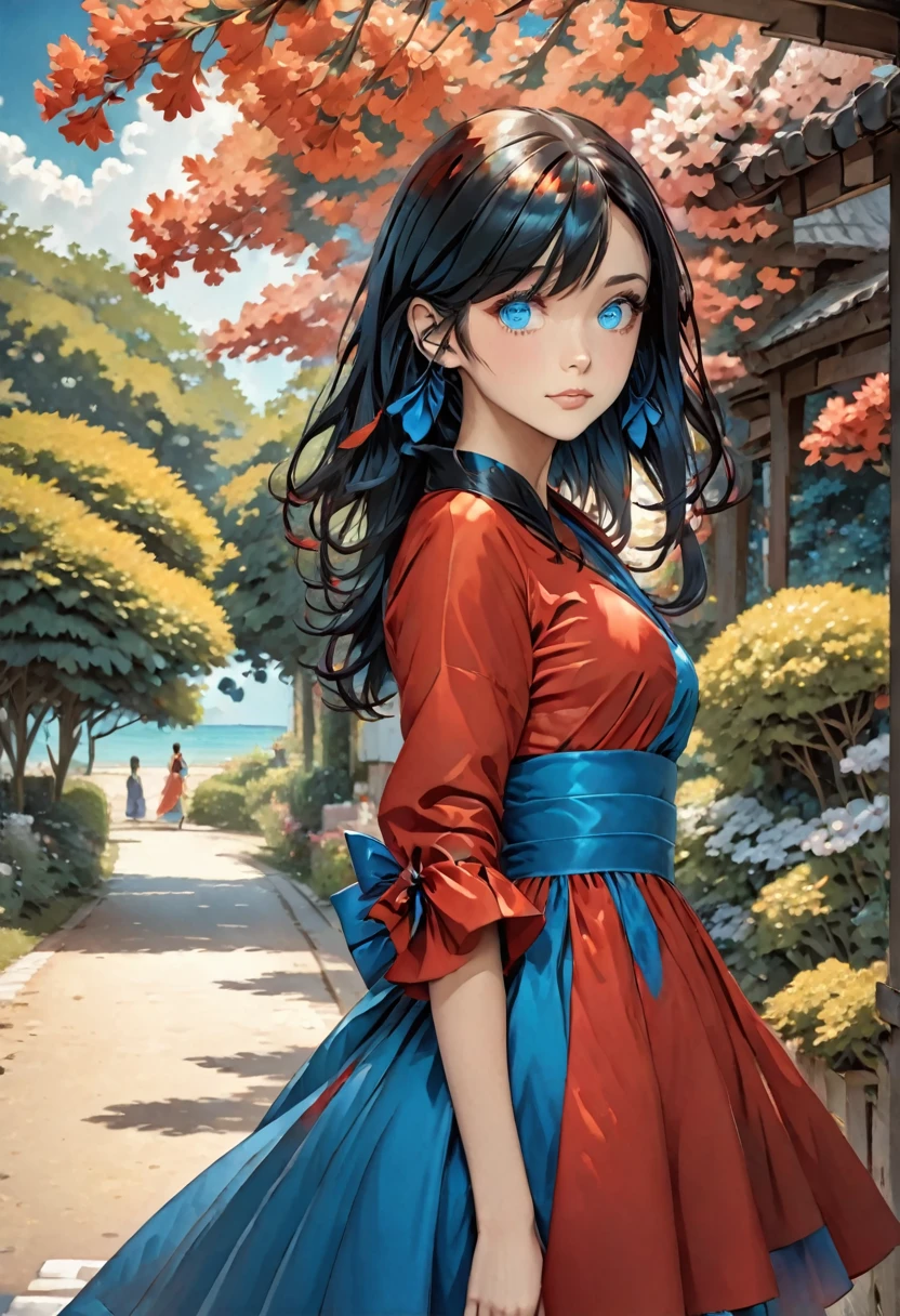 girl , black hair , blue eyes, dress red ,