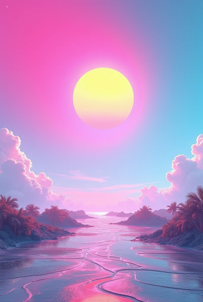 Vice City GTA, pink, blue and yellow clear sky with a yellow sun, retro sky, grey retro ground, clear sky, few clouds