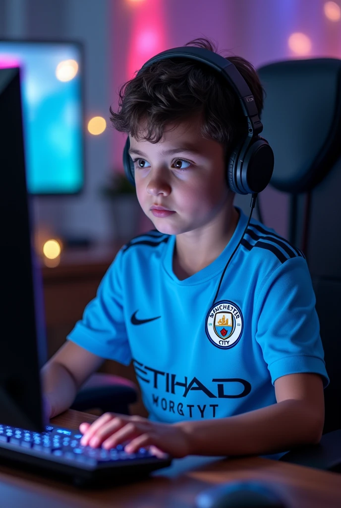 Create a boy playing fortnite with the manchester city shirt