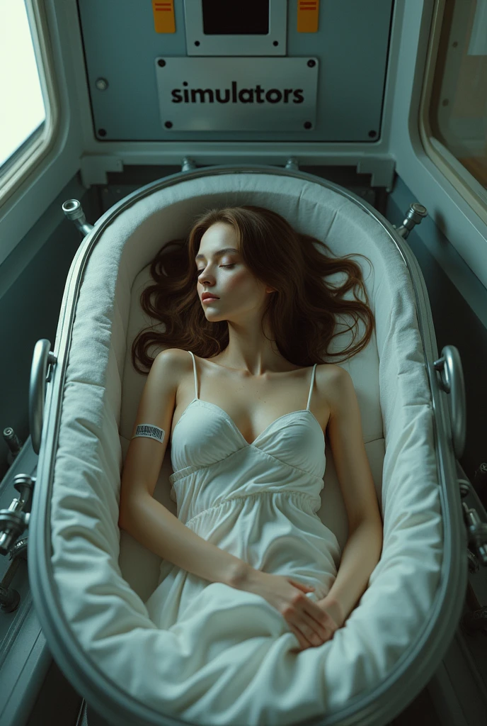 In a spaceship, In a metal capsule with polystyrene there is a beautiful young European woman sleeping naked with brown hair, The woman has a barcode tag on her arm, On one side there are other capsules with women, There is a sign hanging that says "SIMULATORS", Hyper-realistic image quality