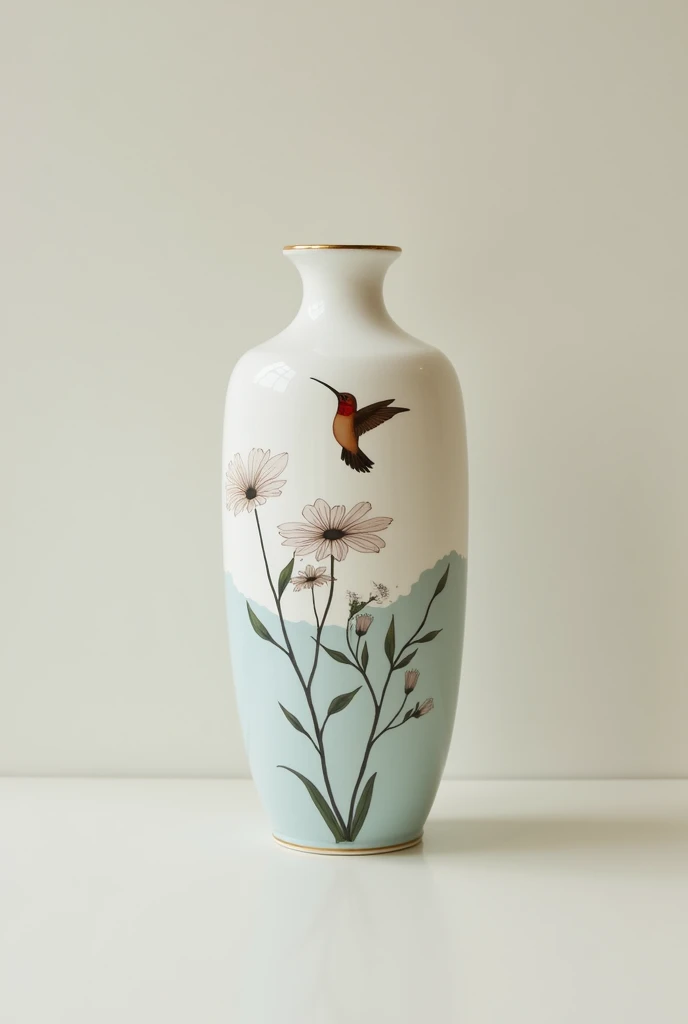 A brown or light blue vase with drawings of a hummingbird and a flower, very easy 