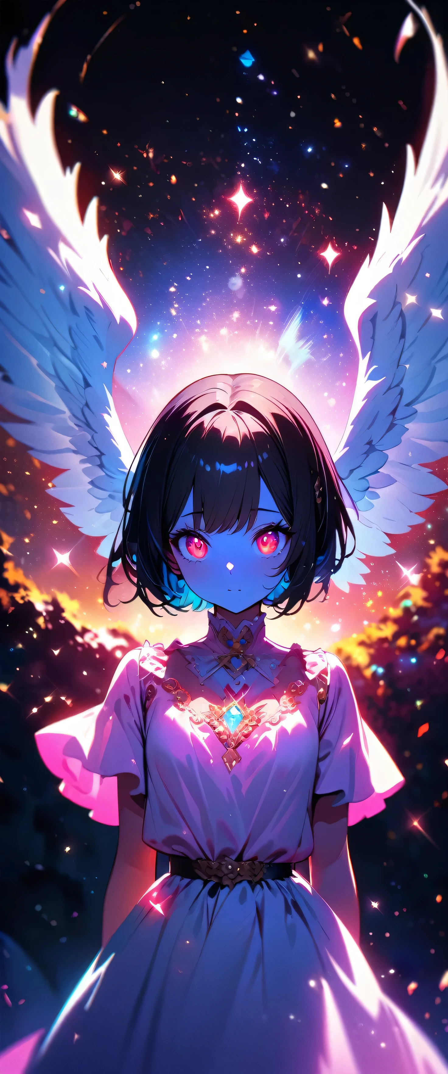 (beautiful girl: 1.3),1girl,masterpiece, Highest quality, Ultra-high resolution,rich contrast,super high quality,8k,Highly detailed CG unit wallpaper,texture,Incredibly absurd,Ultra-high resolution,RAW Photos,Depth of Field 1.2,Ultra-detailed eyes,Big eyes,(clear),Glowing Skin,A beautiful and cute angel is standing,Black Hair,pixie cut,Glitter effect,Angel Wings,(upper body:1.5),(White parasol)is floating in the air),tilt one's head
