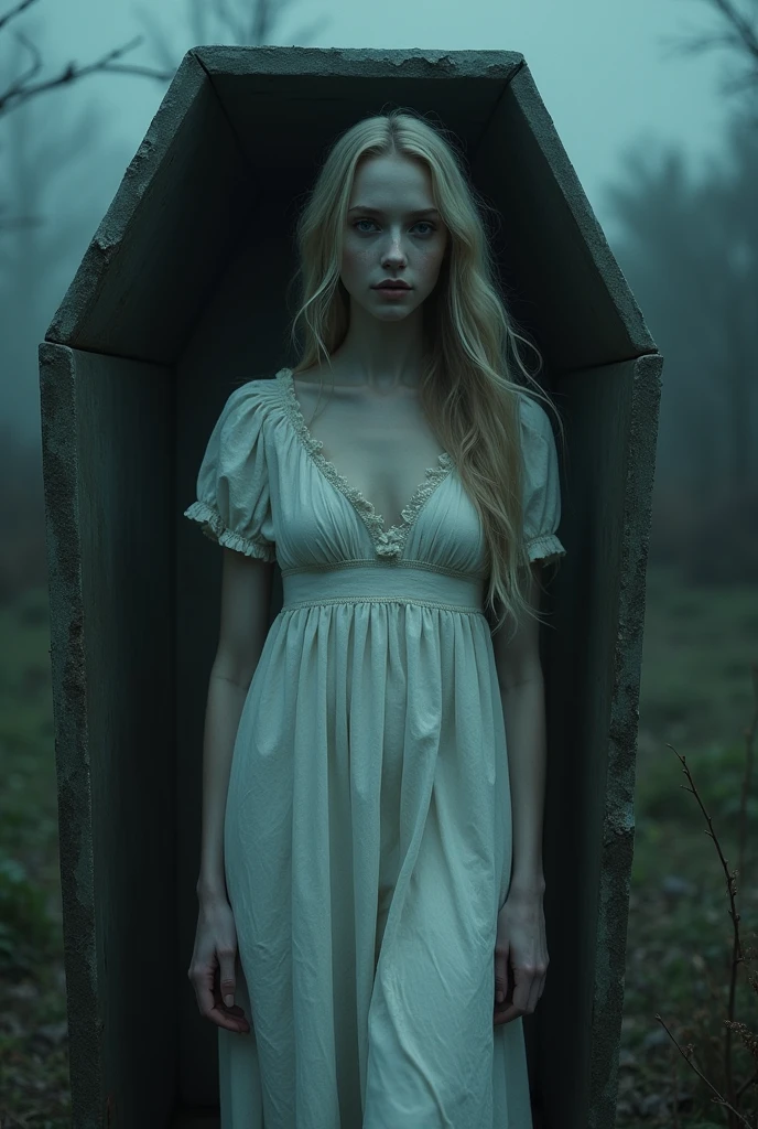 clear, a young woman with a pale and ethereal appearance, emerges from his coffin, your eyes open and empty. She is dressed in a simple white dress, but now dirty and crumpled. Your skin has a ghostly hue, and their movements are slow and supernatural. The surrounding scenery is bleak, with the moonlight highlighting her face as she stands.