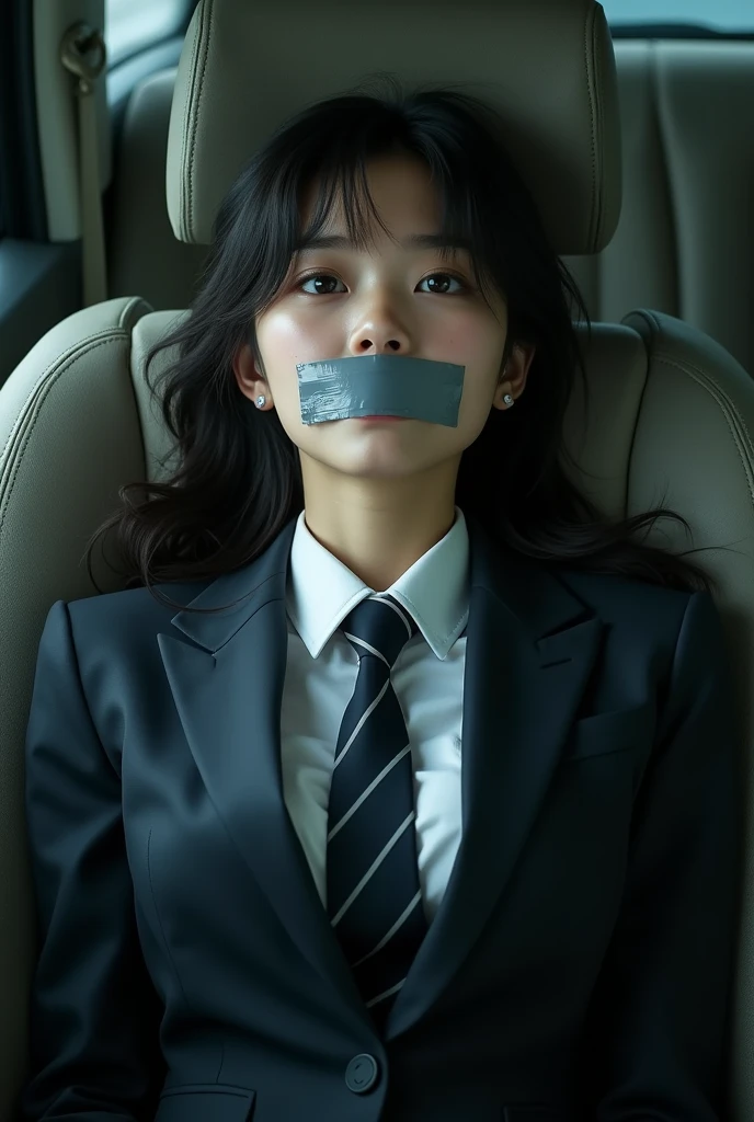 (japanese woman in a suit and tie laying on a chair with a duct over her mouth), in strict suit, in a strict suit, wearing a strict business suit, seifuku, (sfw) safe for work, wearing headmistress uniform, big breasts, jk uniform, girl in suit, cyber school girl, japanese girl, (arms behind back), gagged, chair tied, super realistic, photorealistic, high definition, (inside a car), (crying), (scared), real person, not anime