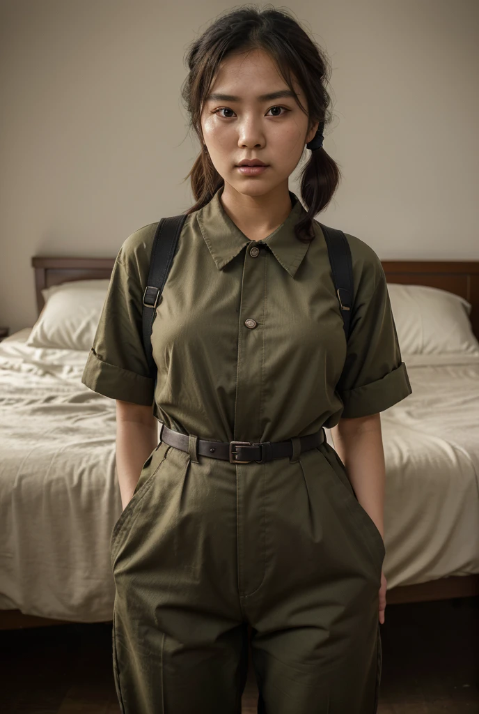 1girl, beautiful detailed female north korean woman, young, north korea, korea, east asia, north korean face, voluptuous, curvaceous, short, petite, thicc, thick thighs, busty, wide hips, natural, natural lashes, no makeup, glistening sweat, teenager, ulzzang, cute face, thin face, skinny face, thin cheeks, tsundere, annoyed face, angry face, angry brows, frowning, small nose, thin eyes, thin lips, fully clothed, military clothing, baggy clothing, baggy pants, shirt collar, buttoned clothes, military harness, carrying military gear, rifle strap, wearing military pouches, arafed woman, north korean farmer, north korea harvest, north korea rural travel, north korean woman, traditional korea, rural north korea, in bed, makeshift bed, fields, impoverished, disheveled, farmer, farming, messy thick luscious hair, jet black hair, tied short hair, short hair, traditional hairstyle, cute hairstyle, cute haircut, bob cut with pigtails, detailed face, penetrating eyes, beautiful detailed lips, extremely detailed skin, detailed clothing, colorful clothing, (best quality,4k,8k,highres,masterpiece:1.2),ultra-detailed,(realistic,photorealistic,photo-realistic:1.37), natural lighting, warm color tones, cinematic composition