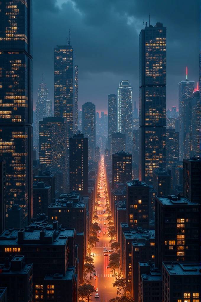 A city at night with the windows of the buildings illuminated
