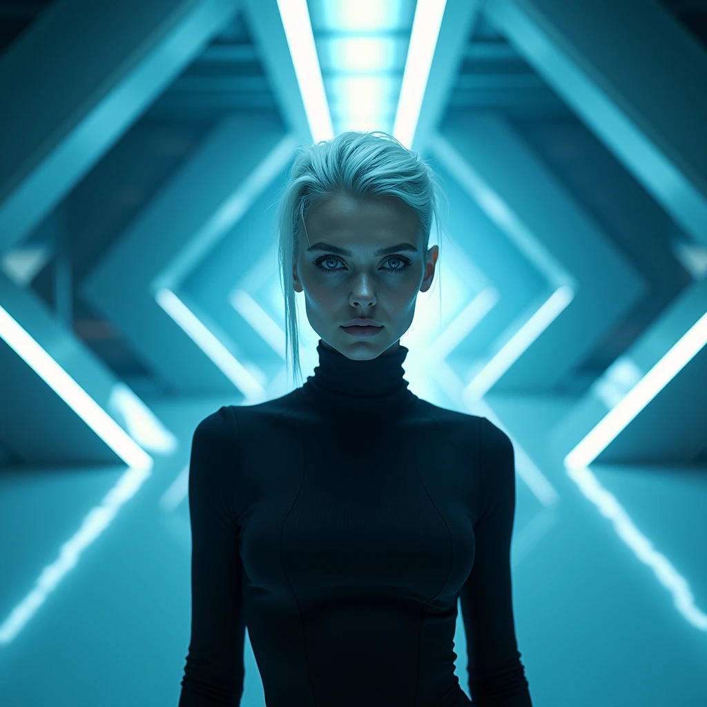  a woman, (Cara Delevigne:1.05) silver hair in a blue geometric chamber, detailed shading, high resolution, cinematic lighting.










