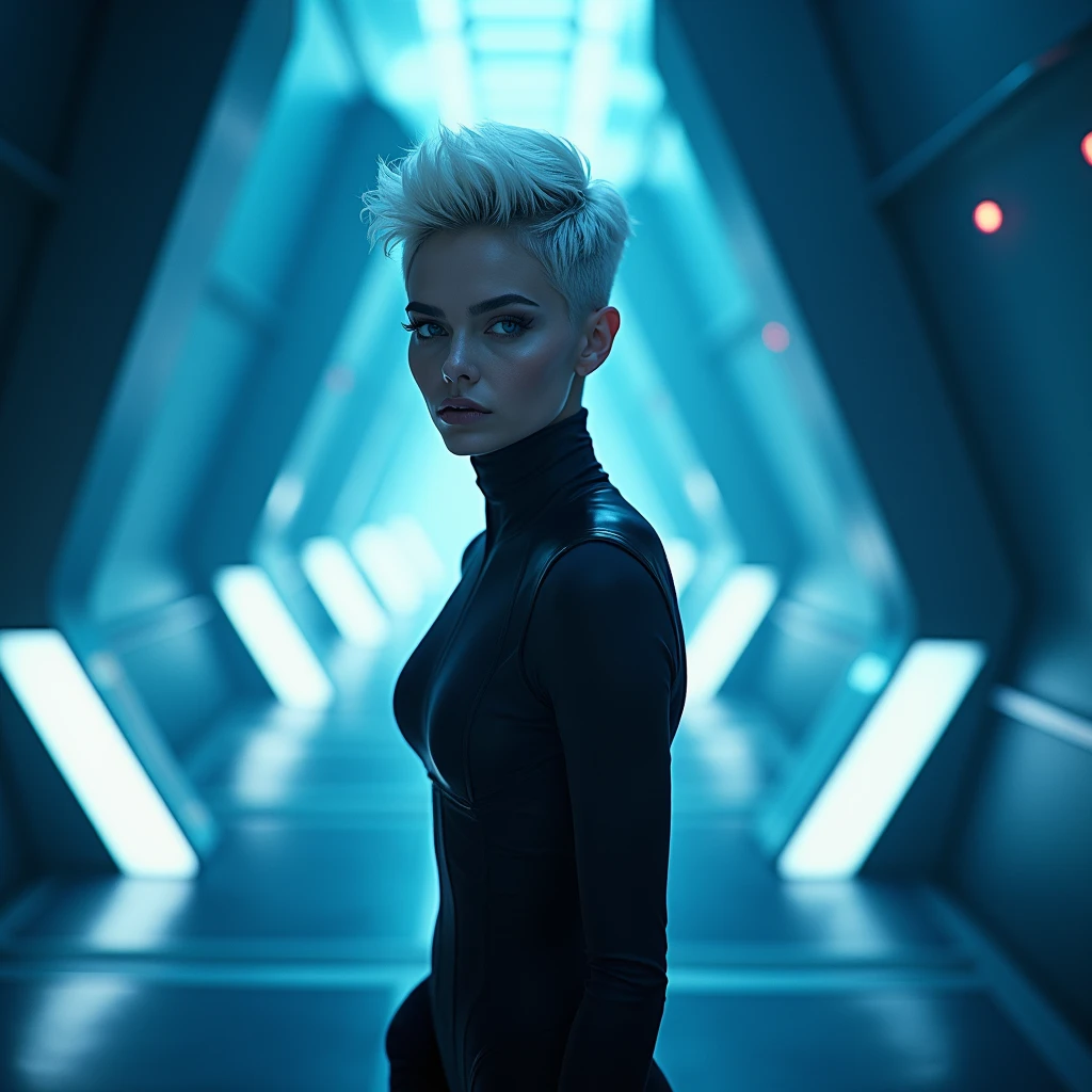 a woman, (Cara Delevigne:1.05) silver hair in a blue geometric chamber, detailed shading, high resolution, cinematic lighting.