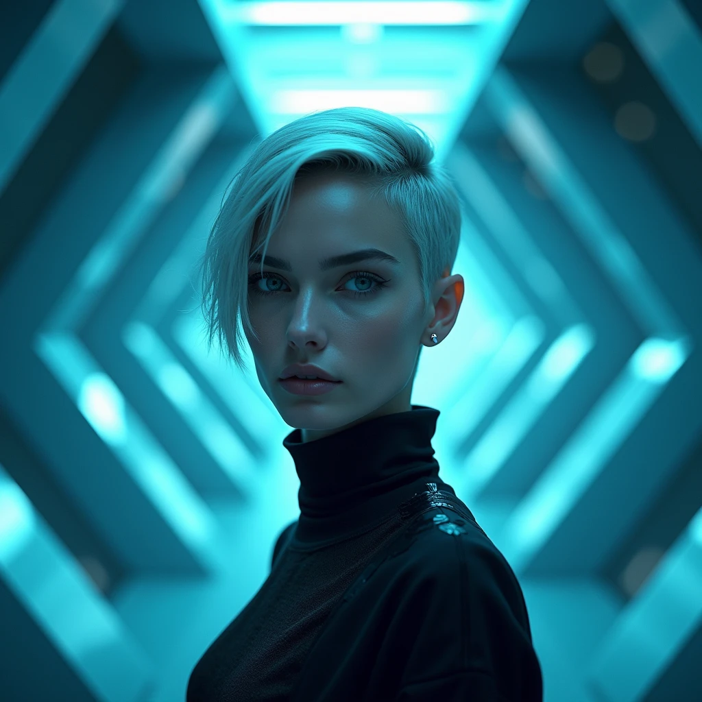 a woman, (Cara Delevigne:1.05) silver hair in a blue geometric chamber, detailed shading, high resolution, cinematic lighting.