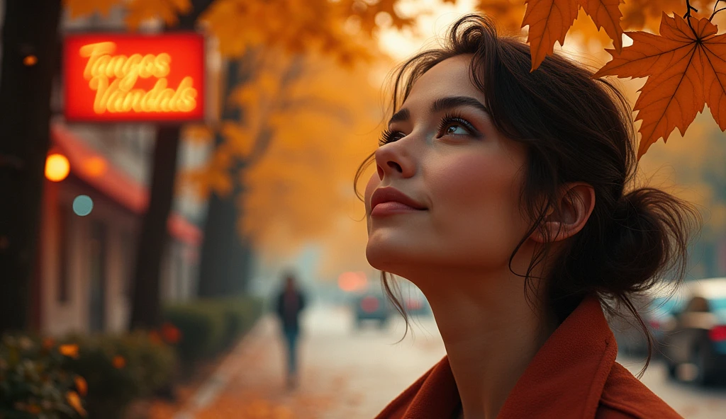 create an image for the best music to think about autumn, shows sensual face of happiness of a very sexy and intellectual woman under trees in autumn, leaves falling on a street with lights and a neon sign that says "Tangos Vandals".