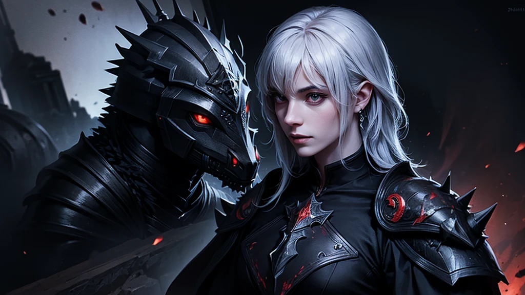 portrait of a fantasy black knight, spiky armor, blood on sword, dark forboding background