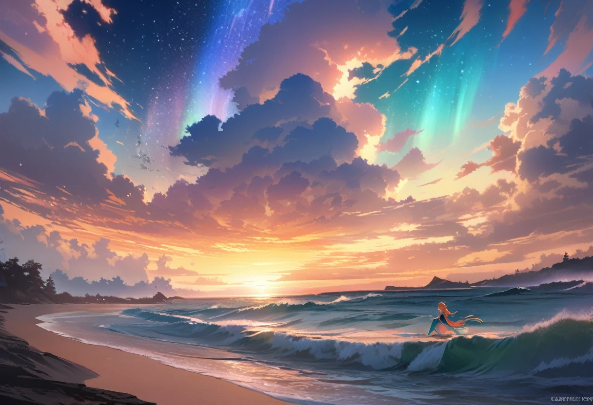 Starry sky and sunrise、coastline、 Flapping Butterfly、The image shows a little mermaid,A digitally painted, anime-style landscape of a sunset and aurora over the horizon, wonderful, Atmospheric,Soft and warm sunset light low angle, A palette of soft tones of blue and orange accentuating the horizon,