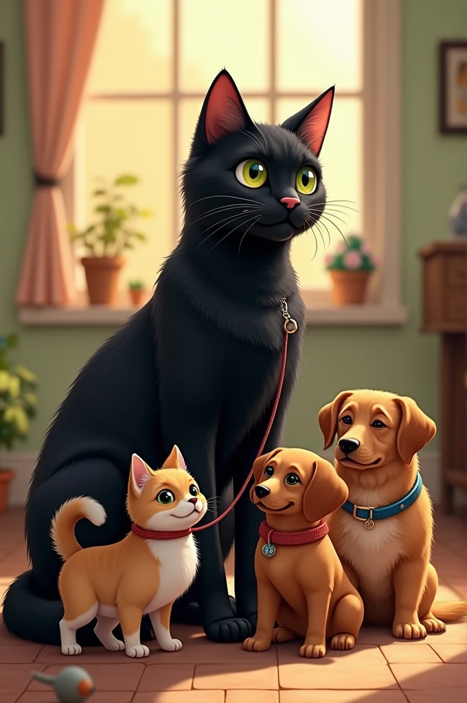 Generates a black cat with a lead cat and a chow choy dog and a dachshund and a brown dog