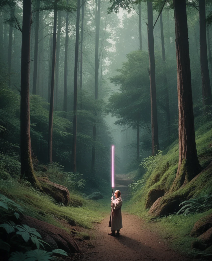 A Jedi Master, with his purple lightsaber. Training in a forest of tall, green trees. realisitic, 4K, perfection, ultra definition 