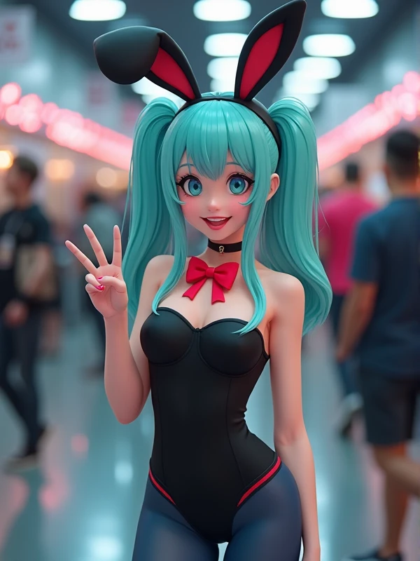 adorable cosplay influencer, teal aqua hair and bangs with black long bunny ears, smile, cosplaying as bulma bunny, black strapless one piece, dark blue nylons, red bow tie, at a comic convention, one hand giving a peace sign