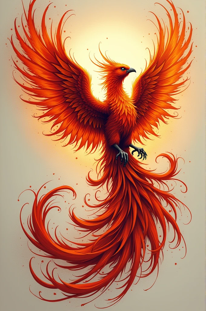 Phenix Style Tattoo, with open wings long tail, fire