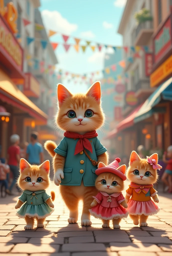 Horacia the adult cat the tour guide took the four kittens in dress-up clothes to the city amusement park.