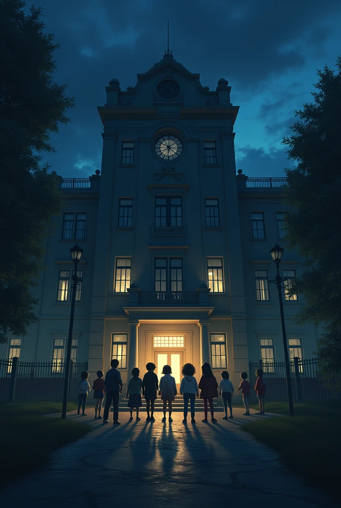 (photorealism:1.2), Children at a school at night