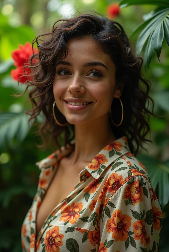 A Brazilian woman in a lush tropical garden, wearing an open shirt with a floral print, with a close-up capturing the harmonious beauty between her breasts and the natural flowers, showing off your natural charm and outgoing personality.