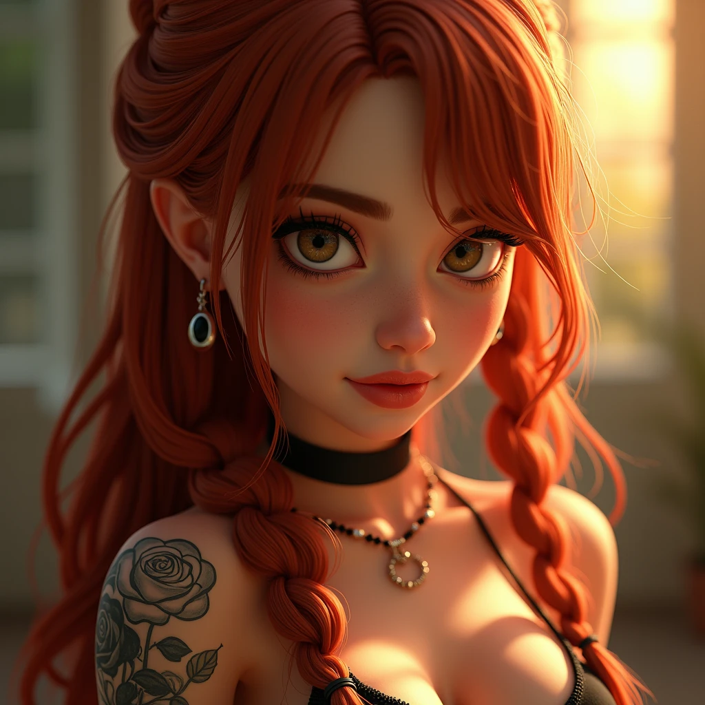 SFW,highest quality,woman,2,backlighting,black choker,blurry background,blush,closed mouth,collarbone,earrings,forehead,freckles,hair over shoulder,jewelry,long hair,looking down,pointy nose,lips glossy,shadow,solo,thick eyebrows,thick eyelashes,upper body, expressive eyes, medium eyes, detailed eyes,red haired,braids,tattoos,tattoos on arms,black rose tattoos on neck,sun beams,warm light,cozy,((masterpiece)), realistic, disney pixar style, 3d, 3d rendering
