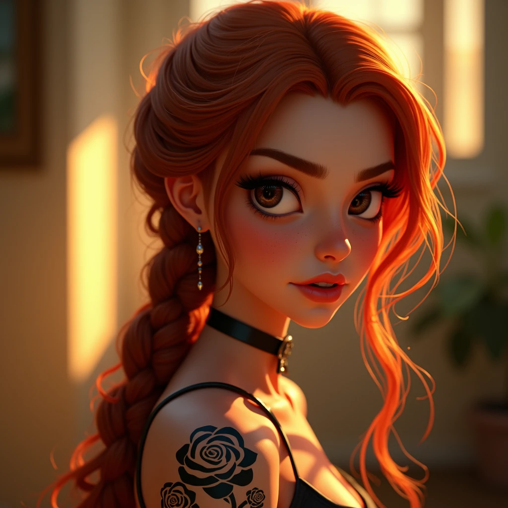 SFW,highest quality,woman,2,backlighting,black choker,blurry background,blush,closed mouth,collarbone,earrings,forehead,freckles,hair over shoulder,jewelry,long hair,looking down,pointy nose,lips glossy,shadow,solo,thick eyebrows,thick eyelashes,upper body, expressive eyes, medium eyes, detailed eyes,red haired,braids,tattoos,tattoos on arms,black rose tattoos on neck,sun beams,warm light,cozy,((masterpiece)), realistic, disney pixar style, 3d, 3d rendering
