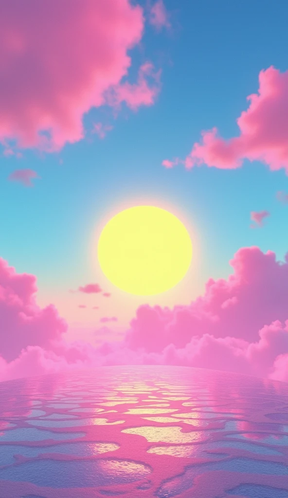 Vice City GTA, pink, blue and yellow clear sky with a yellow sun, retro sky, grey retro ground, clear sky, few clouds