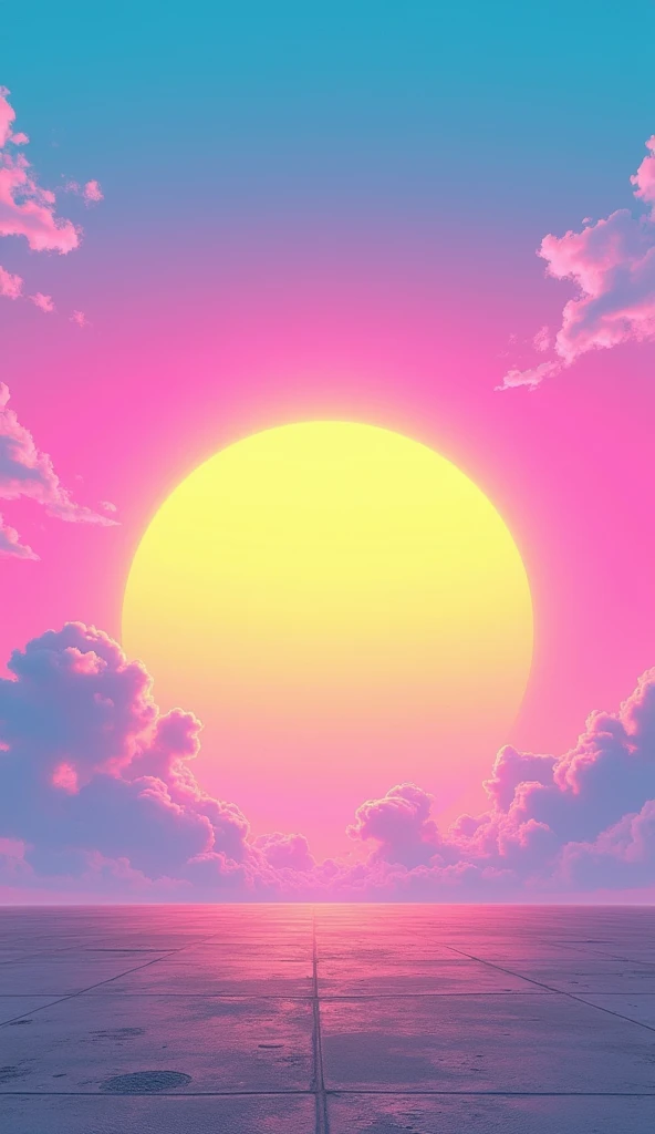 Vice City GTA, pink, blue and yellow clear sky with a yellow sun, retro sky, grey retro ground, clear sky, few clouds