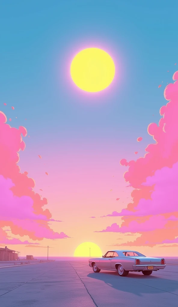 Vice City GTA, pink, blue and yellow clear sky with a yellow sun, retro sky, grey retro ground, clear sky, few clouds