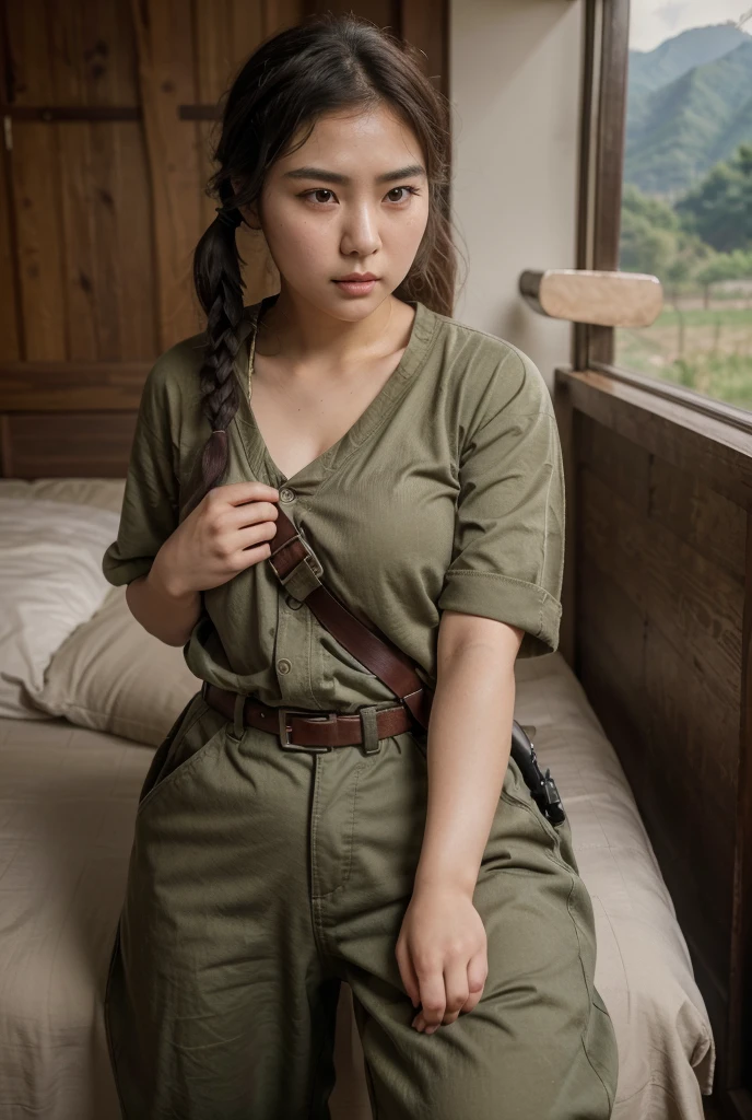 1girl, beautiful detailed female north korean woman, young, north korea, korea, east asia, north korean face, voluptuous, curvaceous, short, petite, thicc, thick thighs, busty, wide hips, natural, natural lashes, no makeup, glistening sweat, ager, ulzzang, cute face, thin face, skinny face, thin cheeks, tsundere, annoyed face, angry face, angry brows, frowning, small nose, thin eyes, thin lips, fully clothed, military clothing, baggy clothing, baggy pants, shirt collar, buttoned clothes, military harness, carrying military gear, rifle strap, wearing military pouches, arafed woman, north korean farmer, north korea harvest, north korea rural travel, north korean woman, traditional korea, rural north korea, in bed, makeshift bed, fields, impoverished, disheveled, farmer, farming, messy thick luscious hair, jet black hair, tied short hair, short hair, traditional hairstyle, cute hairstyle, cute haircut, bob cut with pigtails, detailed face, penetrating eyes, beautiful detailed lips, extremely detailed skin, detailed clothing, colorful clothing, (best quality,4k,8k,highres,masterpiece:1.2),ultra-detailed,(realistic,photorealistic,photo-realistic:1.37), natural lighting, warm color tones, cinematic composition