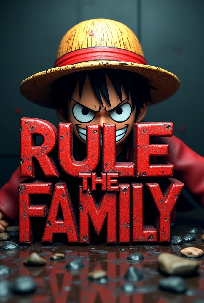 Create a 3D written word for me (RULE THE FAMILY) and luffy from one piece with an angry face behind 