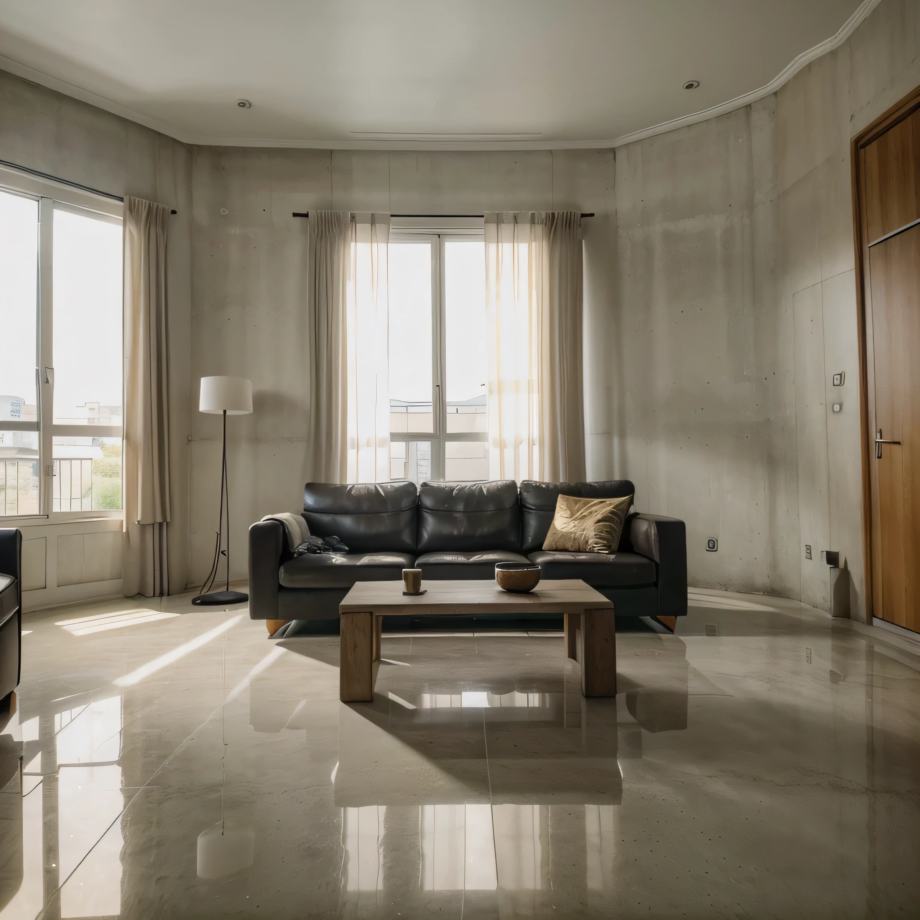 RAw photo, interior design living room, realistic table,realistic sofas, concrete floor,photorealistic, clean lightning, high quality,(photorealistic, raw photo:1.2),CANNON, sunlight,ultra high res, Best quality, masterpiece