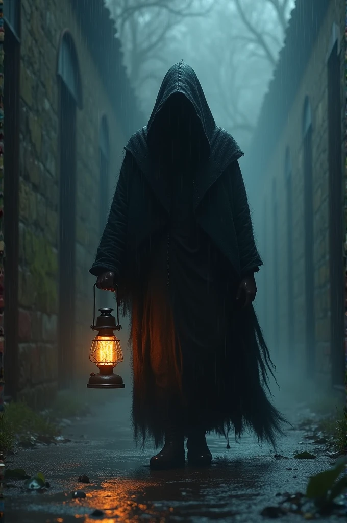 Black Hooded Lantern , in the dark and raining