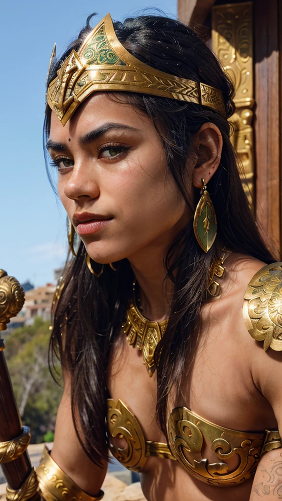 beautiful muscular antique greek spartan warrior asian girl, detailed face with piercing eyes, flowing dark hair, wearing ornate spartan helmet with ornate gold and bronze details, wearing detailed spartan battle armor with intricate gold and bronze designs, holding a golden sword, dramatic lighting, cinematic angle, highly detailed, photorealistic, 8k, masterpiece, skinny, ((green eyes))