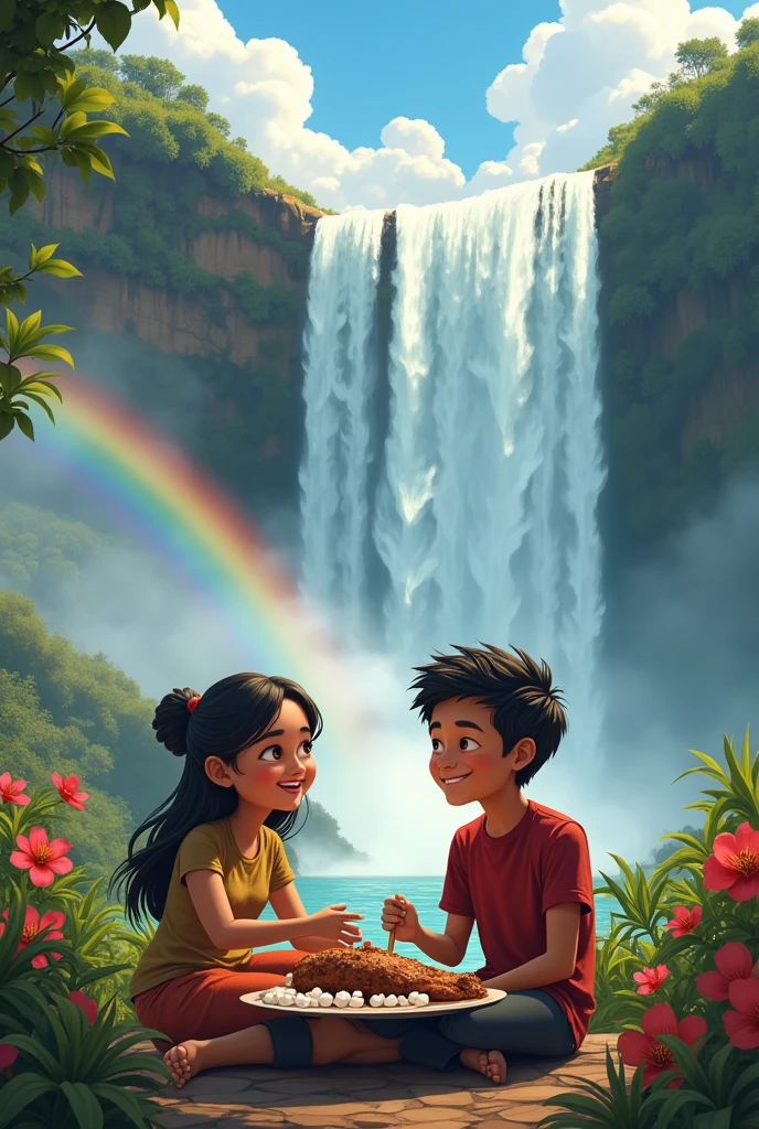 Meeting in Baños Pablito and his friend Maria are sitting near the Pailón del Diablo waterfall. Water falls from a great height, creating a spectacular effect and vapor that forms a rainbow. Maria is offering Pablito a plate of roasted guinea pig and marshmallows, and they both laugh together. The environment is lush, with green vegetation and tropical flowers around.