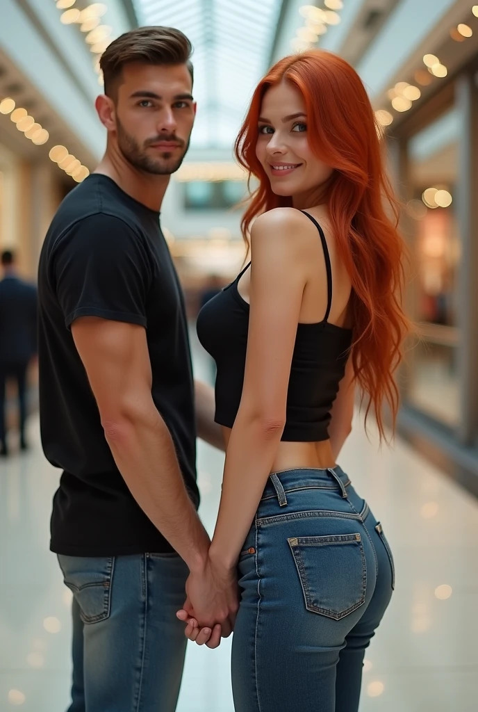 Man holding hands with his sexy girlfriend, Full body in a shopping mall, she has a tight top showing her breasts and elasticated jeans, high heeled shoes (Red hair:1.1), blue eyes, soft and smooth skin, perfect make up, bright lips, smile showing teeth, fine details, Realistic lighting, 4k resolution, fashion portrait, extremely detailed, She looks over her shoulder, full body standing big ass (masterpiece, high quality, Best Quality:1.3), extremely detailed, extremely intricate, photorealistic.