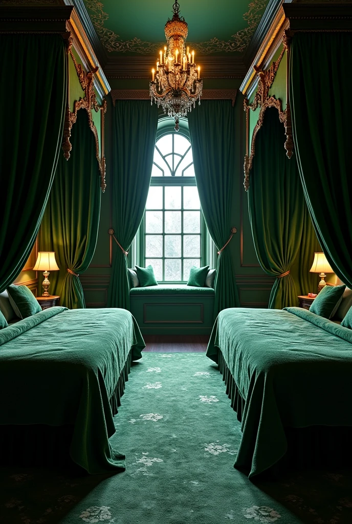 Create a Slytherin Dormitory 1. **General Structure:**
   - The bedroom has a rectangular shape, com duas áreas simétricas para cadto bed, separated by a central common area.

2. **beds:**
   - Two double beds (queen-size) located on opposite sides of the room, both with canopy and green velvet curtains for privacy.
   - **bed 1:** On the left side of the dormitory, to bed está perto de uma grande janela com assentos de janela acolchoados.
   - **Bed 2:** in the right side, to bed 