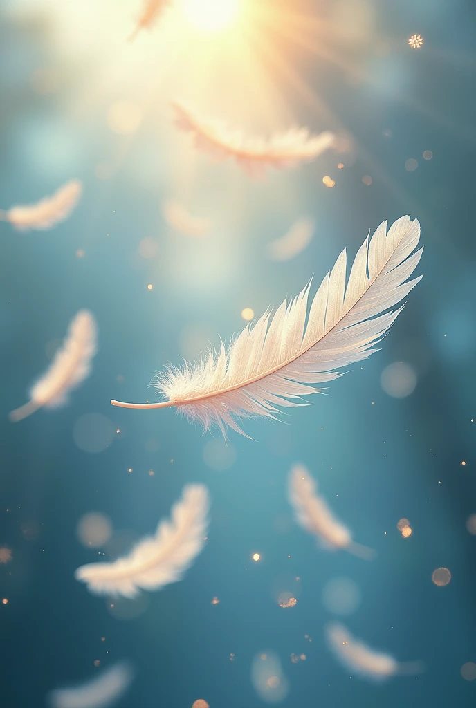 Delicate angelic feathers falling from the sky, shimmering with radiance. The scene depicts a heavenly and ethereal moment captured in a photograph. Each feather is intricately detailed, reflecting the light in a dazzling display of iridescence. The image exudes a sense of divine beauty and purity, captivating viewers with its exquisite composition and flawless execution.