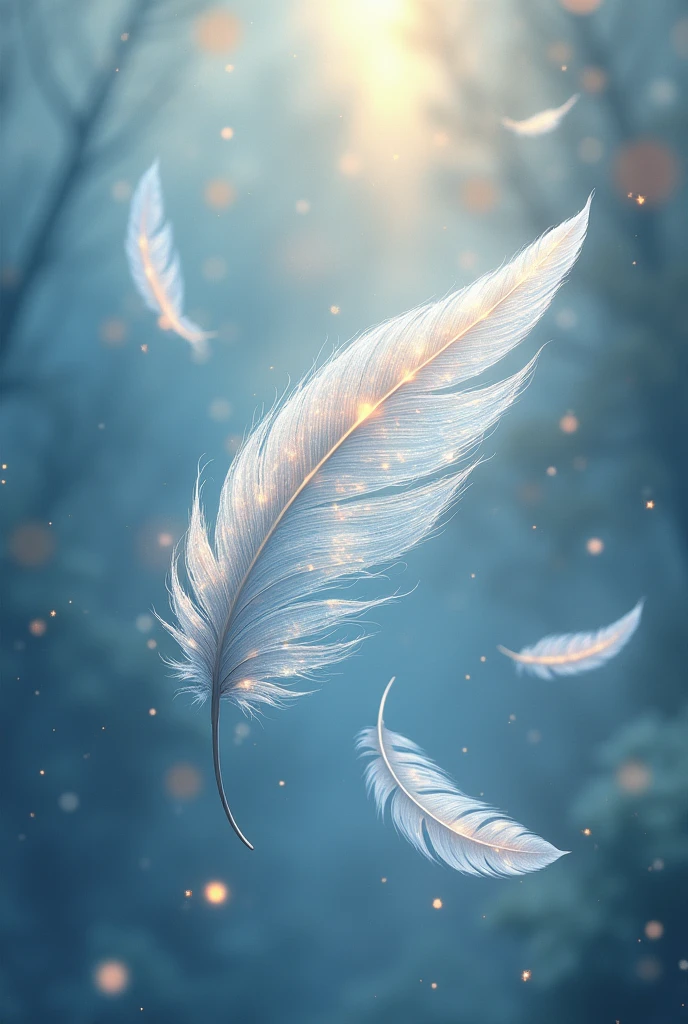 Delicate angelic feathers falling from the sky, shimmering with radiance. The scene depicts a heavenly and ethereal moment captured in a photograph. Each feather is intricately detailed, reflecting the light in a dazzling display of iridescence. The image exudes a sense of divine beauty and purity, captivating viewers with its exquisite composition and flawless execution.