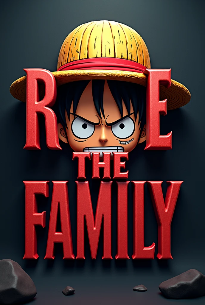 Create a 3D written word for me (RULE THE FAMILY) and luffy from one piece with an angry face behind 