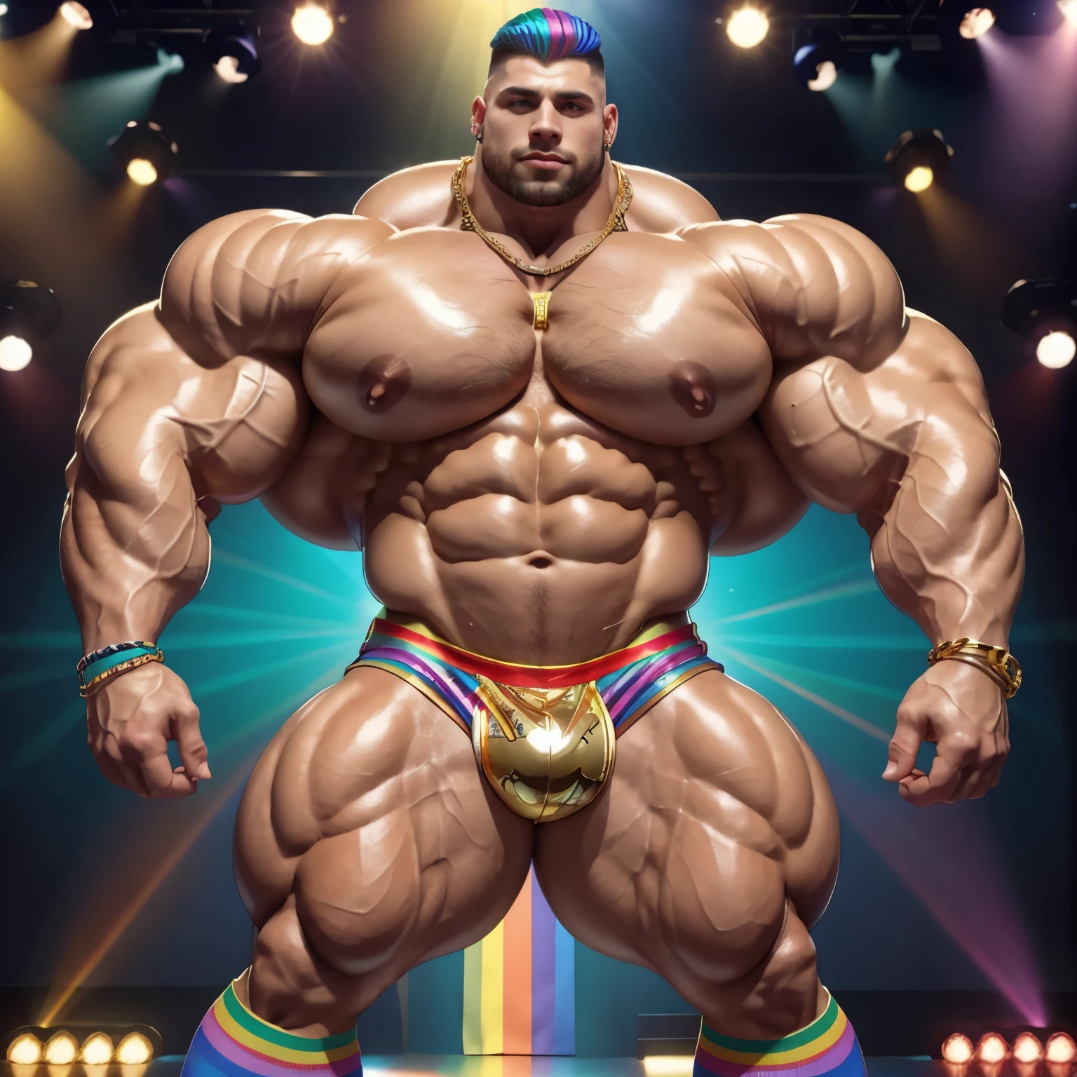 full view full body, the biggest heaviest hyper-massive overmuscular bodybuilded young white european effeminate guy with hype gay undercut haircut, lots of gay jewelery, pierced nipples with gold rings and chains, shirtless showing off over-inflated and over-bloated huge pecs, double-biceps, legs, abs, wearing latex shiny shorts and rainbow socks, no shoes, gay necklaces, bracelets, rings,, dancing in his socks in gay disco, showing off his rainbow socks, many various gay dancers around