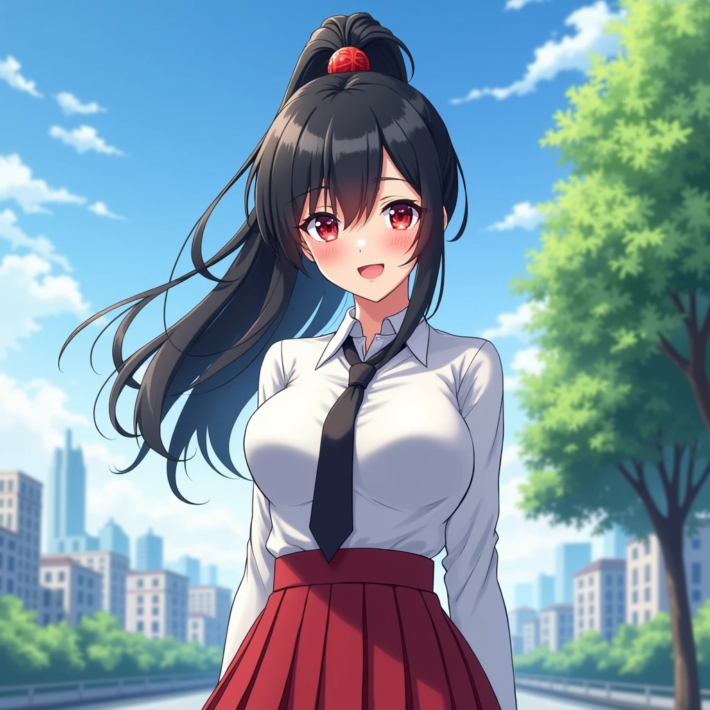 score_9, score_8_up, score_7_up, score_6_up, source_anime, 1girl, solo, rkanra, black hair, high ponytail, hair between eyes, red eyes, hair ornament, white shirt, collared shirt, black necktie, red skirt, pleated skirt, huge breasts, looking at you, happy, city, blue sky, tree, upper body, standing