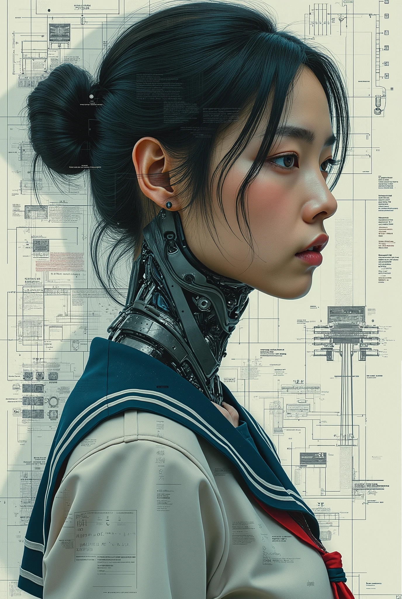 Multiple exposure of drawing and person, Create digital collage style images with multiple overlapping elements, (masterpiece:1.2, Superior Quality,mirror-like, Cinematic Experience, Realistic:2.0, RAW Photos:2.0,Very detailed), 8k, wallpaper, (Representing blueprints through holograms:2.0), (Beautiful woman:2.0), Female Cyborg, (Design of a Female Cyborg:2.0), (Draw a back view:2.0), (Avant-garde design:2.0), (Drawing out detailed designs:2.0), (Numerous notes on configuration:2.0), Portrait of a Japan woman:1.21, School uniforms, Sailor uniforms from famous Tokyo Metropolitan High Schools:1.21, Short sleeve clothing, white short sleeve sailor uniform:1.21, sera fuku:1.21, The upper body is wearing a uniform:1.21, Navy Skirt, Brown Hair, Bob Cut Hair, Symmetrical eyes, Very detailed目, Beautiful hair blowing in the wind, reflection, masterpiece, 32k UHD resolution, high quality, Professional photography,