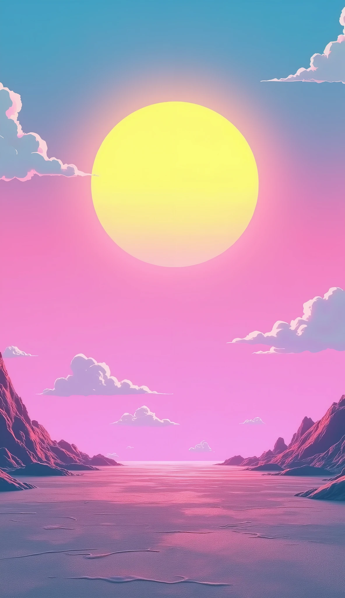 Vice City GTA, pink, blue and yellow clear sky with a yellow sun, retro sky, grey retro ground, clear sky, few clouds