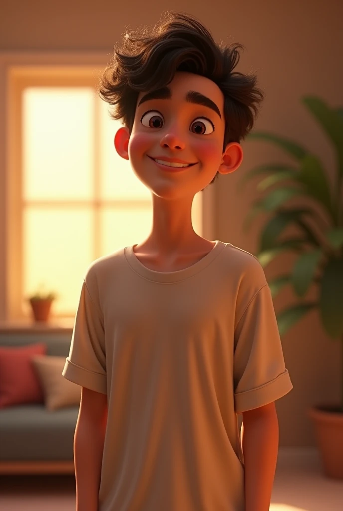 ung man, posing with a smile, with loose shirt, short hair,
curly, soft illumination, window of light, soft lighting, cozy room, calm pose, realistic details, warm colors, estiilo 3d pixar