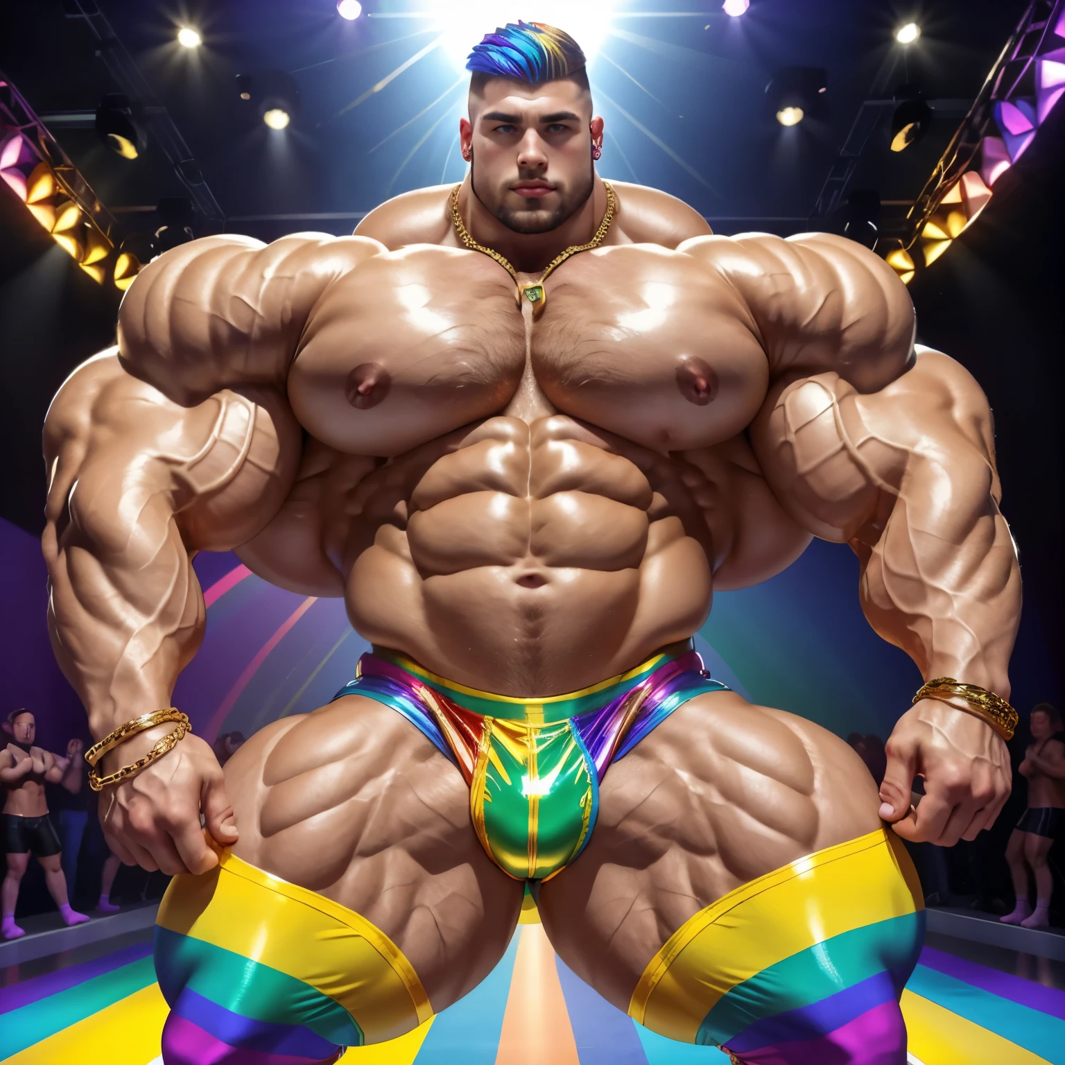 full view full body, the biggest heaviest hyper-massive overmuscular bodybuilded young white european effeminate guy with hype gay undercut haircut, lots of gay jewelery, pierced nipples with gold rings and chains, shirtless showing off over-inflated and over-bloated huge pecs, double-biceps, legs, abs, wearing latex shiny shorts and rainbow socks, no shoes, gay necklaces, bracelets, rings,, dancing in his socks in gay disco, showing off his rainbow socks, many various gay dancers around