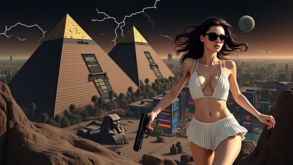 Futuristic cityscapes with colorful all-glass outlined towering skyscrapers with lightning, flying vehicle. High-resolution OLED GUI interfaces in the building, The windows are filled with transparent data visualization infographics that show it all, ancient Egyptian fantasy arts, ancient Egyptian statue, (ancient Egyptian hieroglyphics), sphinx, pyramid. Colors are saturated and vibrant. At night, (1girl, solo, alone), photorealistic, large-breast slim:0.6 body, oval:0.5 face, cleavage:1.1, very low angle view of pleated miniskirt, deep-v, (upskirt), glove, (Matrix style black micro sunglasses), (aiming viewer with a short gun), dynamic running pose, ((half-body thigh level close-up shot)), cinematic lighting, ray tracing, motion blur background.