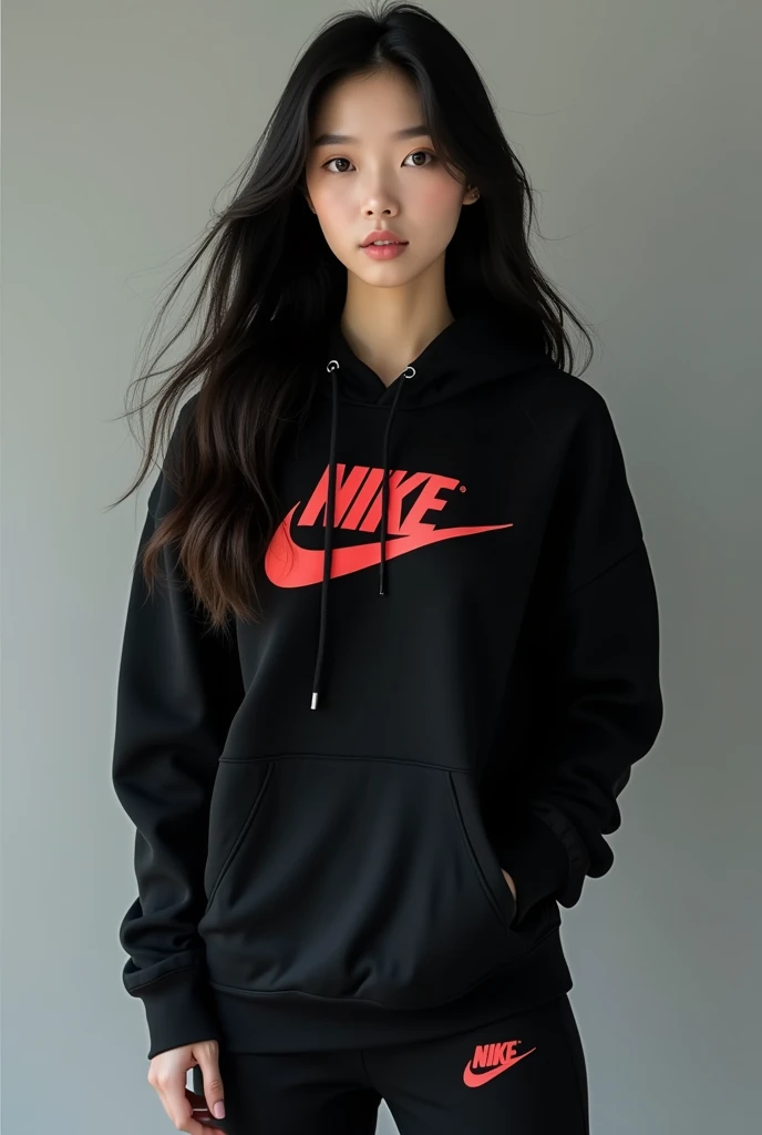 Une belle brune coréenne aux yeux bridés aux cheveux longs portant un sweat-shirt nike a capuche noir Nike et un pantalon noir Nike assorti,